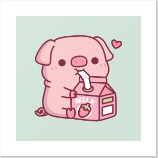 Cute Little Pig Loves Strawberry Milk Posters and Art